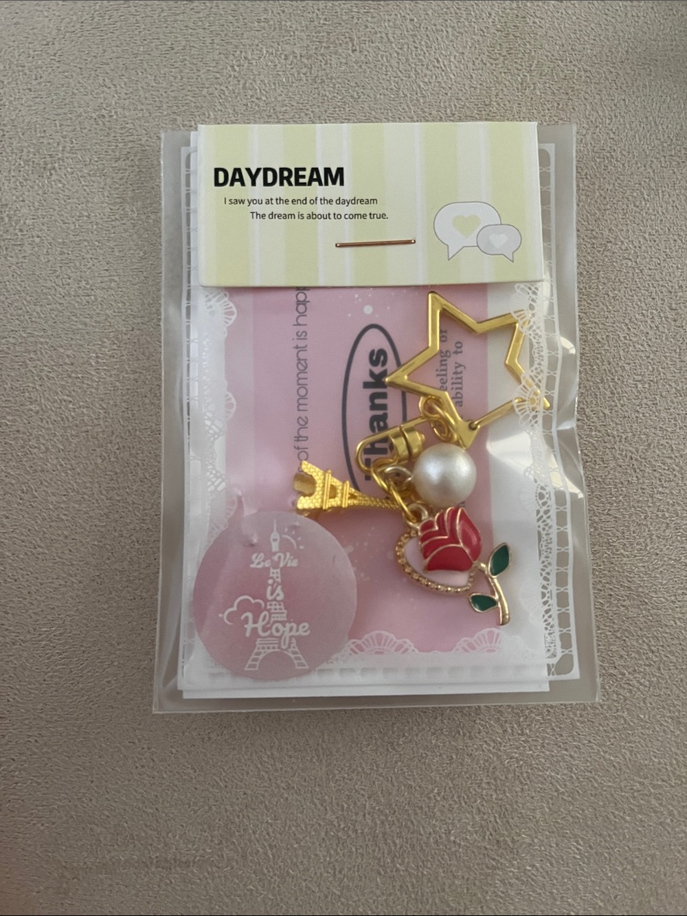 Star Eiffel Tower, Pink heart Red Rose and Pearl Bag Charm